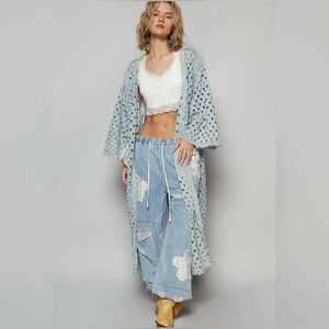 POL Light Blue Laser Cut Open-Front Cardigan with Lace